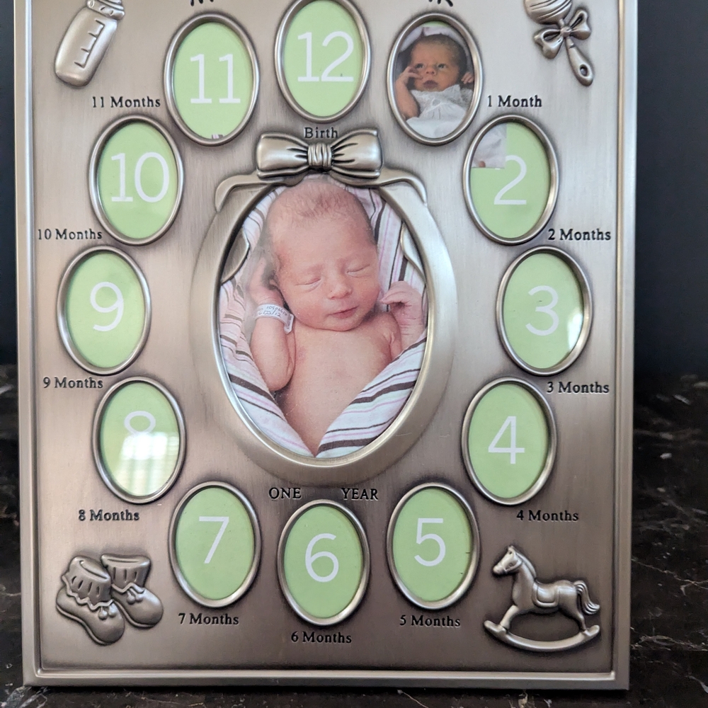 Silver Baby Photo Frame with Green Accents